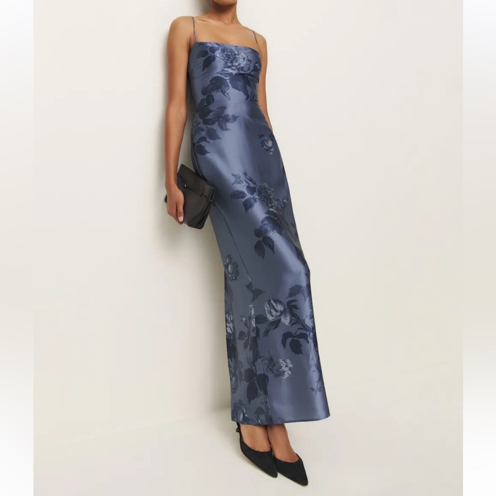 Reformation Frankie Silk Dress in Blue Trieste Floral